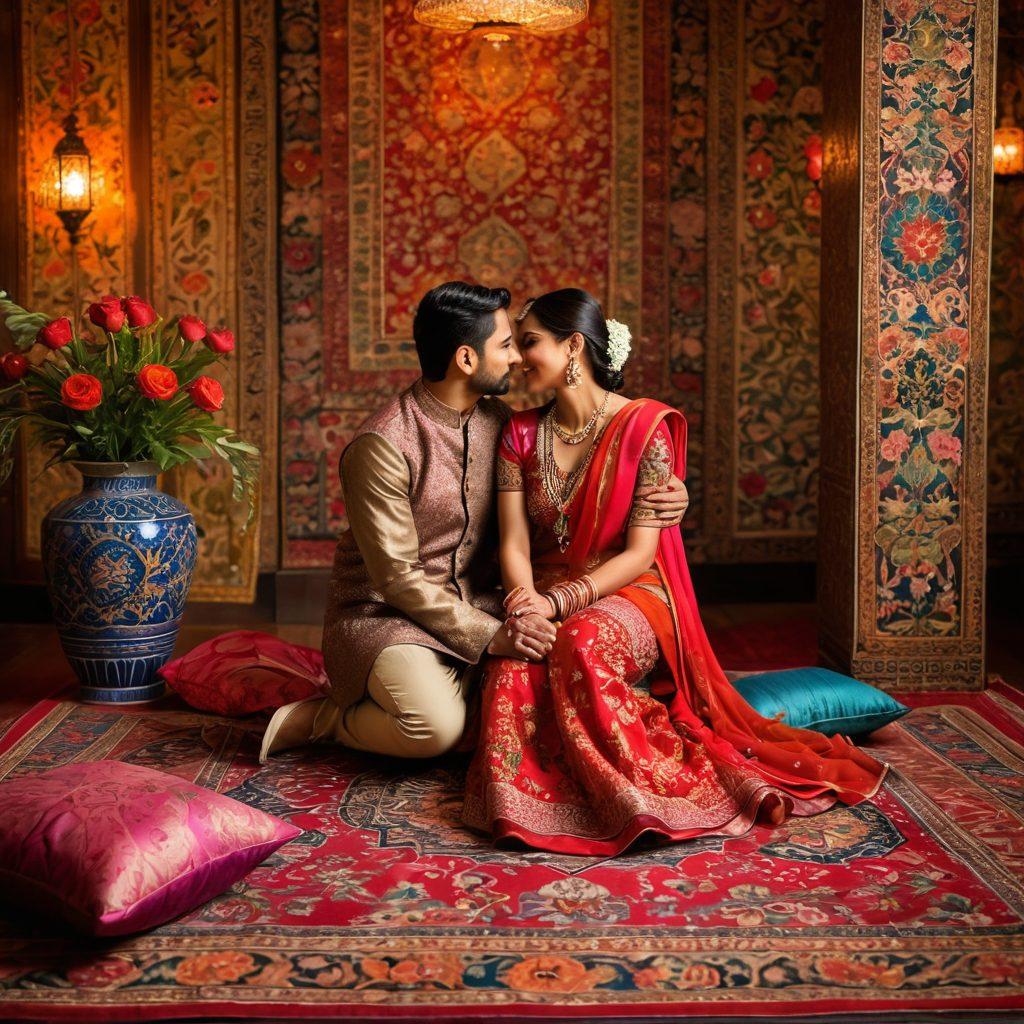 A warm and intimate scene featuring a couple sitting closely together, surrounded by traditional South Asian decor, including intricate textiles and soft lighting. Include symbolic elements like blooming flowers and culturally significant motifs to represent love and romance. The couple should reflect diverse South Asian backgrounds, engaging in a heartfelt conversation, showcasing emotions and connection. The background should evoke a sense of cultural richness and warmth. super-realistic. vibrant colors. intimate atmosphere.