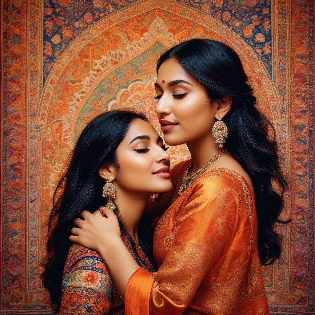 A colorful collage depicting diverse South Asian individuals expressing romantic and intimate moments, surrounded by traditional textiles and patterns symbolizing culture. Each scene captures emotions of desire and connection, with a background that blends iconic architectural elements from South Asia. The overall tone is celebratory and warm, with a harmonious mix of light and shadow. vibrant colors. super-realistic.