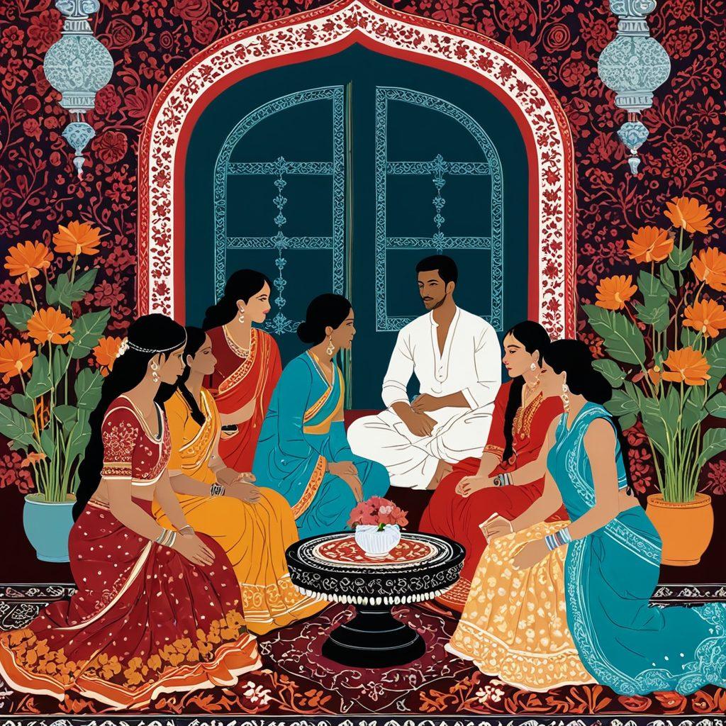 A vibrant illustration depicting the intertwining of gender and identity in South Asian intimacy, featuring a diverse group of individuals engaging in intimate conversations around traditional motifs, with elements symbolizing passion like blossoming flowers and soft colors. The background should blend cultural aesthetics like intricate textiles and modern elements representing contemporary relationships. The scene should feel warm and inviting, capturing a sense of connection and understanding among the individuals. highly detailed. colorful. cultural fusion.